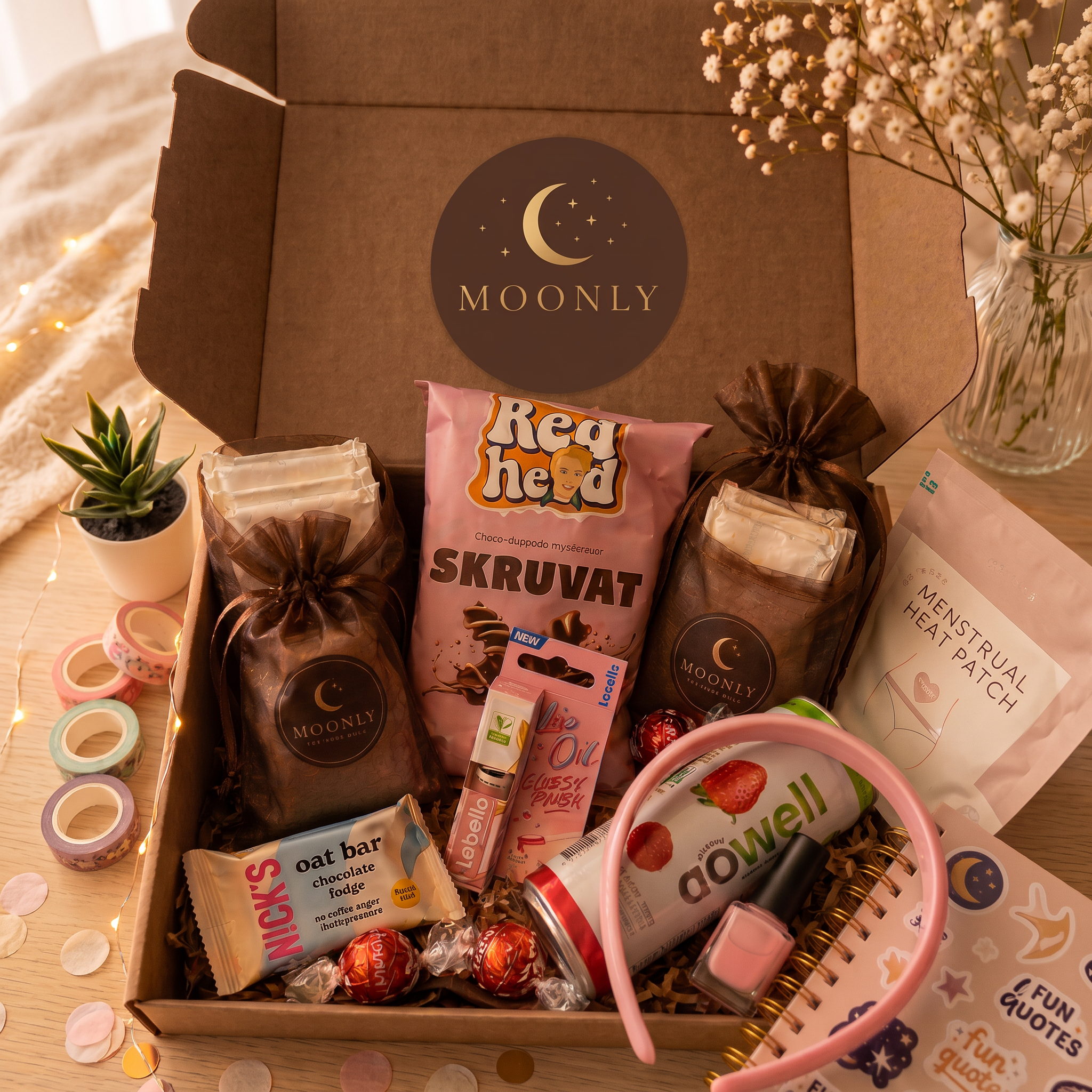 Moonly First cycle box med rosa hårt diadem och nagellack