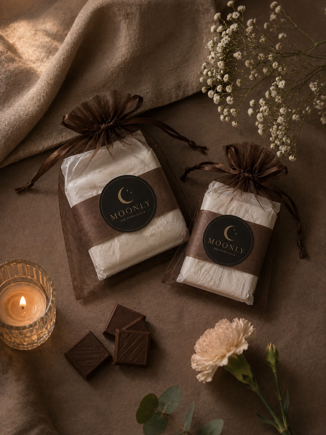 Två Moonly-paket med choklad, en tänd ljuslykta och blommor i en varm, ombonad stil