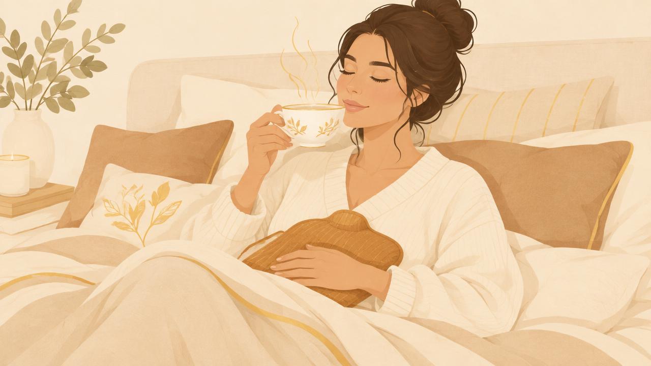 Illustration av en kvinna som vilar med en varm kopp te och värmekudde