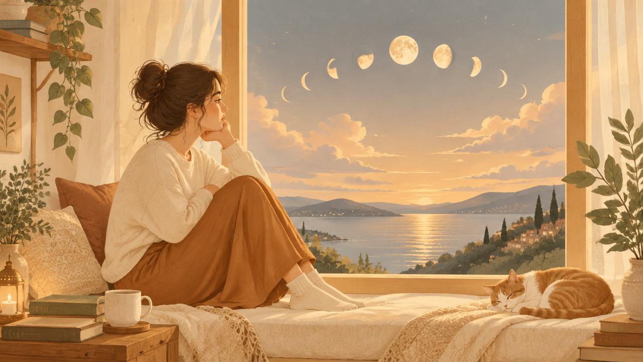 Illustration av en kvinna vid ett fönster med månfaser och moln