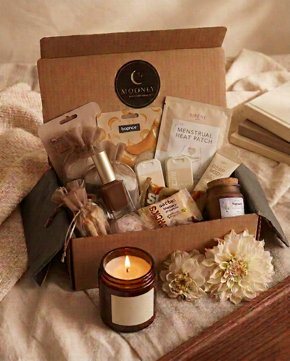 Moonlys prenumerationsbox med guldfärgad månsymbol, omgiven av te, choklad och en värmekudde