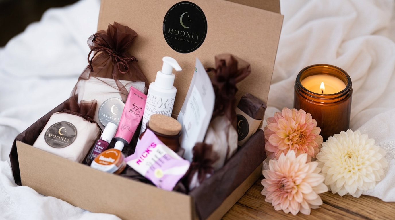 Moonlys mensbox fylld med selfcare-produkter, med ett brinnande doftljus och blommor bredvid